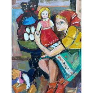 Christian Schmidt Old Expressionist Painting Portrait Young Girl Doll 50  Teddy Bears 