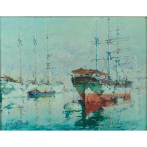 Gilbert Galland Beautiful Old Marine Painting Marseille The Old Port Boats 1900