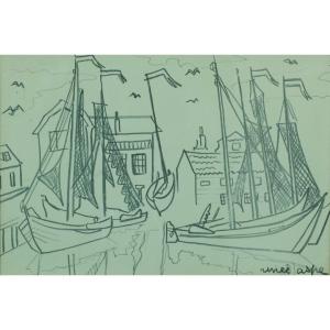 Renée Aspe Beautiful Drawing Marine Seaside Boat 1950 Toulouse Poetic Reality