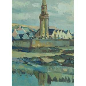 Marcel Bertoin Old Breton Painting Saint-michel-de-grève Church Marine Cemetery 1950 Marine