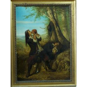 Tableau Ancien Breton Chouans Vendée Brigand Portrait d'Homme Ivresse Paysage Sv Caradec 19ème