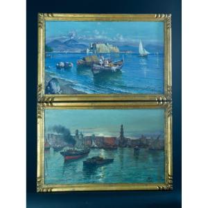  Scognamiglio Beau Tableau Ancien Marine Naples Bateaux Castel Dell'ovo Vésuve  X2