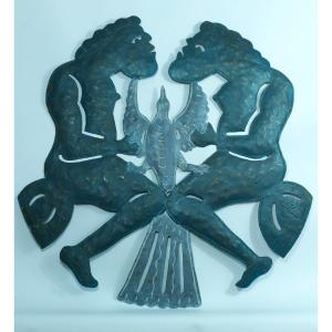 Ancienne Sculpture Signé Balan Haïti Art Populaire Métal Vintage Couple Blason Héraldique Haïtien  Vaudou Marassa   Déco 