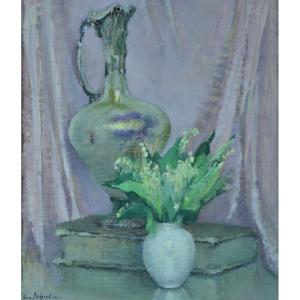Louise Segala Ancien Tableau Impressionniste Bouquet De Fleurs Vase Muguet Livre  Art Deco 