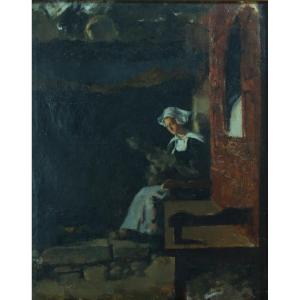 Eugène Decisy  Portrait De Jeune Femme dans un intérieur La Fileuse 19e Hst tableau Nancy Lorrain