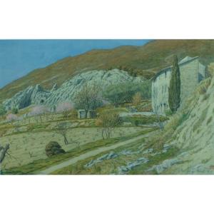 Henri Rivière Ancien Dessin Paysage Drome Nyons Maisons Art Nouveau Provence Pin