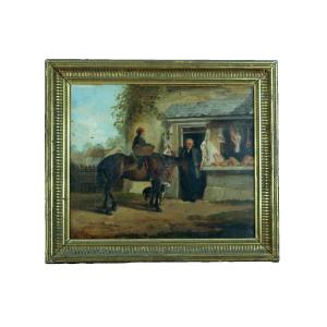 Tableau Ancien Paysage Enfant Cheval étal Boucherie Normande Vernet Adam Calves 19e