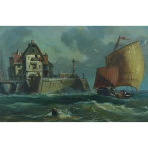 Kuwasseg Old Animated Marine Painting Signed Norman Port Boat Honfleur La Lieutenance 19th