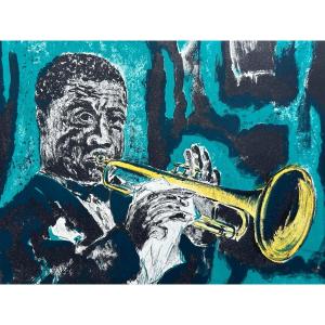 Tony Agostini  Ancienne Lithographie Musique Trio Jazz 1960 Louis Armstong
