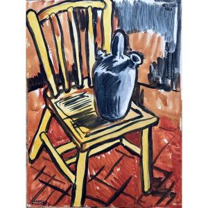 Manolo Millares Old Painting Still Life Chair Pitcher Modern Art Canary Islands Spain