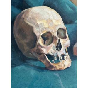Henri Linard Old Painting Memento Mori Still Life Portrait Skull Vanity Lorrain