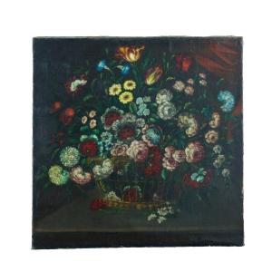 Beautiful Old Painting Large Still Life Bouquet Of Flowers Wicker Basket 17th