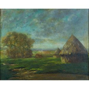 Félix Raoul Eteve Tableau Ancien Paysage Aux Meules Foin Fenaison Ciel  Hst Cadre Art Deco 