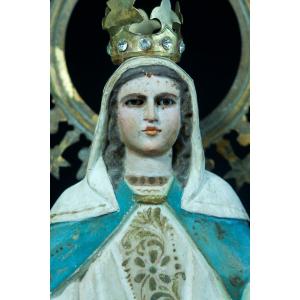 Ancienne Statue Religieuse Vierge Marie Couronne Yeux Sulfure Bois Sculpté 18ème