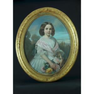 Gustave Durand Grand Tableau Ancien Portrait  Petite Fille Bouquet De Fleurs Ovale Paysage 19e