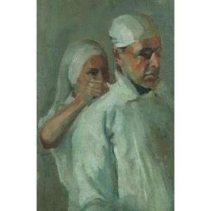 Jean Terles Old Art Deco Painting Portrait Of Surgeon And Nurse In The Operating Room 