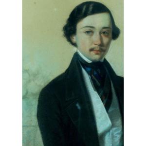 Gabriel Durand Tableau Ancien Portrait Romantique Homme Dandy Costume Pastel 