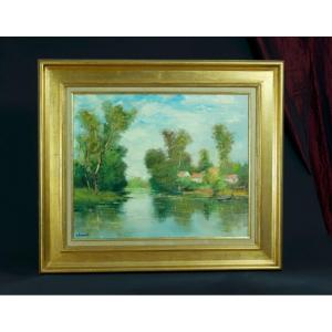 Maurice Legrand Large Impressionist Painting Old Landscape Watercourse Le Loir Marboué 