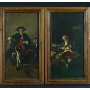 Attrib.  Meissonier Tableau Ancien  Portrait Homme Lecteur Livre Fumeur Taverne X 2