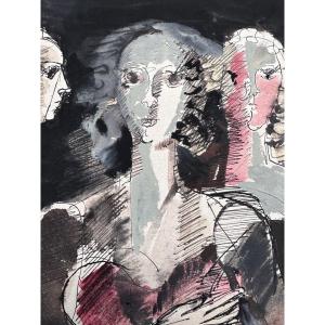 Jean-claude Bedard Beau Dessin Moderne  Pau Portrait Trois Femmes 1957