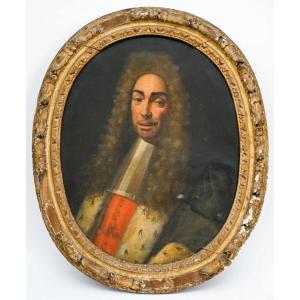 Old Painting Portrait Man Wig Ermine Coat Louis XIV 17th Hst Oval