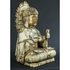 Ancienne Statue Grand Bouddha  Divinité Sculpté Os Chine Bouddhisme Religion Signé 56 Cm