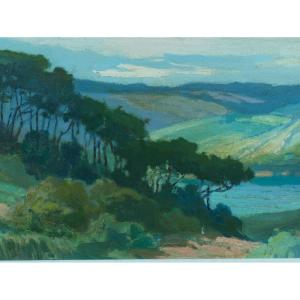 Pïerre Roblin Old Painting Panoramic Landscape Pines Parasol Landes River 