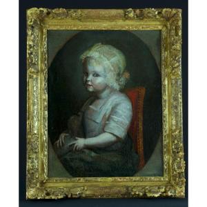 Old Painting Portrait Of Little Girl And Dog 18th Golden Wood Frame