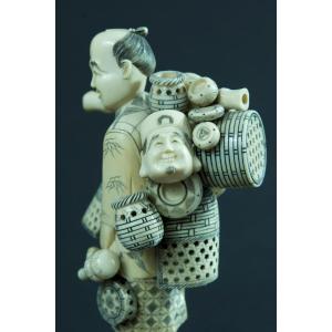 Ancien Sujet Portrait Homme Masque  Marchand Ambulant Sculpté Chine Ancien Japon Asie Okimono