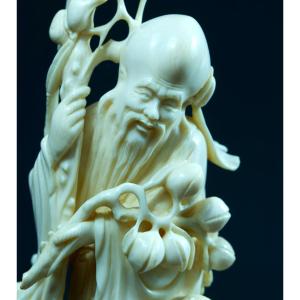 Ancient Ivory Statue China Deity Longevity Portrait Cane Child Shoulao Immortal Tao