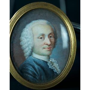 Beautiful Old Painting Portrait Man Louis XV Costume Miniature Wig 18th