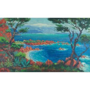 Jehan Berjonneau Large Old Painting Landscape View Sea Gulf Saint Tropez Aloe 142cm