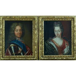 Pierre Gobert  Beau Tableau Ancien Portrait Couple Royal Duc De Vendôme 18 ème X2 