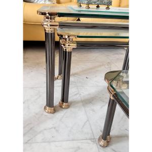 Ancien Lot De 3 Tables Basses Gigognes Bronze Doré Mara Design Vintage Italie