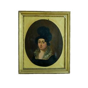 Beautiful Old Painting Portrait Of Young Woman Empire Style Lace Dress 19th