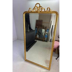 Ancien Grand Miroir En Bois Doré 155cmx80cm Ruban Rang De Perles Louis XVI 19e