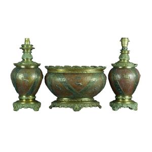 Old Bronze Trim François 1st Oil Lamp Planter Sv Lievre 19th