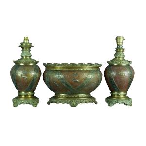 Ancienne Garniture Bronze François 1er Lampe à Pétrole Jardinière Sv Lievre 19e