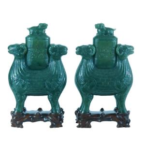 Ancien Parie De Vase Chine Jade Brûle Parfum Socle Bois Chinois China Jade