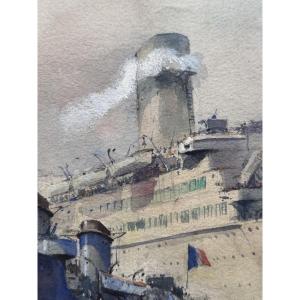 Claude Le Baude Dessin Aquarelle Marine Bateau WW2 Vaisseau Le Léopard Paquebot Le Pasteur 68cm