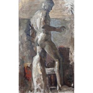 Modern Art Deco Painting Portrait Of A Man, Nude, Antique Sculpture In The Jean Terles Workshop