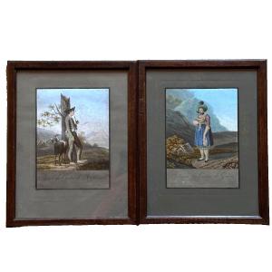 Joseph Reinhart   dessin portrait Suisse Canton Apenzell  Grizon paysage  Alpes 19e x 2