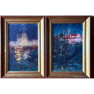 Tableau marine Venise Lagune Lanterne Art Nouveau port gondole 1910 x 2 protocole consul 