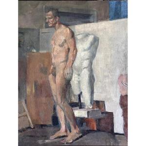 JEAN TERLES Tableau portrait homme  Le Modèle nu dans l' atelier Antique sculpture ART DECO 