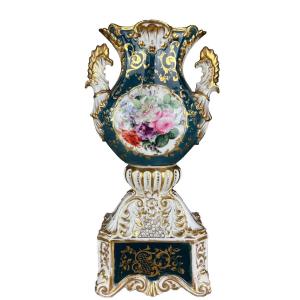Large Paris Porcelain Vase Painted Flower Bouquet 36 Cm/16 Cm/11 Cm