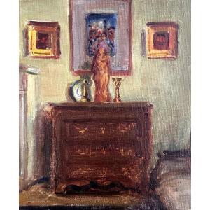 Tableau ancien intérieur Salon tableau cheminée Suiveur Paul HUGUES / URTIN hst