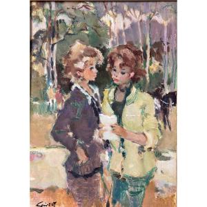 PIERRE GRISOT Tableau Portrait Parisienne Hippodrome Les Courses 