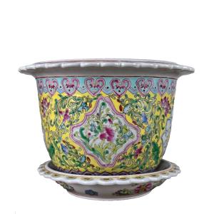Ancien Cache-pot Chinois Porcelaine Emaux Famille rose Jaune Qianlong XXème