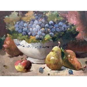 Alfred de Neuville tableau Nature Morte aux raisins Champagne et Fruits  19e