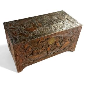 Antique Camphor Wood Carved Travel Chest Asia China Joust Junk Landscape 1900